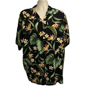 Vintage Aloha Hut Hawaiian Black Floral Button Front Shirt 2X Pocket Lightweight
